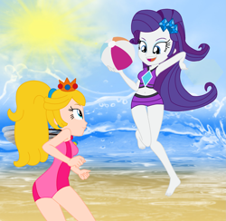 Size: 2001x1949 | Tagged: safe, artist:magical-mama, artist:user15432, artist:yaya54320bases, base used, character:rarity, my little pony:equestria girls, ball, barefoot, barely eqg related, beach, beach ball, beach volleyball, clothing, crossover, crown, ear piercing, earring, fairy, fairy wings, feet, jewelry, leotard, mario & sonic, mario & sonic at the london 2012 olympic games, mario & sonic at the olympic games, mario and sonic, mario and sonic at the olympic games, nintendo, ocean, one-piece swimsuit, piercing, princess peach, raripeach, regalia, sand, sports, summer, summertime, sun, sunshine, super mario bros., swimsuit, volleyball, wings
