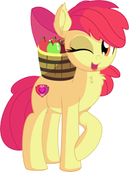 Size: 5738x7622 | Tagged: safe, artist:cyanlightning, character:apple bloom, species:earth pony, species:pony, .svg available, absurd resolution, apple, apple bloom's bow, blinking, bow, bucket, clothing, cute, ear fluff, eating, female, filly, food, hair bow, hat, looking at you, older, one eye closed, open mouth, simple background, sitting, smiling, solo, transparent background, vector, wink
