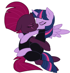 Size: 6613x6950 | Tagged: safe, alternate version, artist:ejlightning007arts, artist:lullabyprince, base used, character:tempest shadow, character:twilight sparkle, character:twilight sparkle (alicorn), species:alicorn, species:pony, species:unicorn, ship:tempestlight, broken horn, clothing, eye scar, eyes closed, female, horn, jumpsuit, kissing, lesbian, scar, shipping, simple background, sitting, transparent background, vector, wings