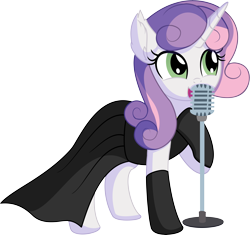 Size: 6776x6363 | Tagged: safe, artist:cyanlightning, character:sweetie belle, species:pony, species:unicorn, .svg available, absurd resolution, audrey hepburn, beautiful, black dress, breakfast at tiffany's, clothing, cute, diasweetes, dress, elegant, evening gloves, female, gloves, gown, holly golightly, jewelry, jewels, little black dress, long gloves, mare, microphone, older, older sweetie belle, simple background, singing, smiling, solo, svg, transparent background, vector