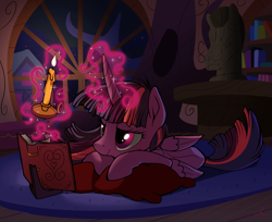 Size: 2773x2264 | Tagged: safe, artist:docwario, character:twilight sparkle, character:twilight sparkle (alicorn), species:alicorn, species:pony, book, candle, digital art, female, glowing horn, golden oaks library, high res, horn, levitation, lidded eyes, magic, mare, night, prone, reading, smiling, solo, telekinesis, window