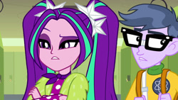 Size: 1539x866 | Tagged: safe, artist:ktd1993, edit, edited screencap, screencap, character:aria blaze, character:microchips, ship:ariachips, equestria girls:sunset's backstage pass, g4, my little pony: equestria girls, my little pony:equestria girls, spoiler:eqg series (season 2), canterlot high, female, glasses, lockers, male, shipping, straight