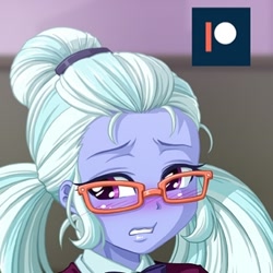 Size: 342x342 | Tagged: safe, artist:uotapo, edit, character:sugarcoat, my little pony:equestria girls, blushing, classroom, cringing, cropped, female, glasses, patreon, patreon logo, solo