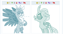 Size: 496x265 | Tagged: safe, artist:sintakhra, character:gallus, character:ocellus, derpibooru, tumblr:studentsix, ..., crossed arms, cute, diaocelles, gallus is not amused, juxtaposition, juxtaposition win, looking at you, meme, meta, size difference, spread wings, unamused, wings