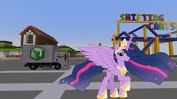 Size: 1334x750 | Tagged: safe, artist:ejlightning007arts, edit, editor:topsangtheman, character:twilight sparkle, character:twilight sparkle (alicorn), species:alicorn, species:pony, episode:the last problem, g4, my little pony: friendship is magic, amusement park, looking at you, minecraft, older, older twilight, princess twilight 2.0, roller coaster, truck