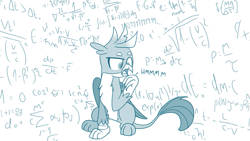 Size: 775x437 | Tagged: safe, artist:sintakhra, character:gallus, species:griffon, tumblr:studentsix, addition, difficult, division, hand on mouth, male, math, math lady meme, meme, multiply, ponified meme, solo, subtract, thinking