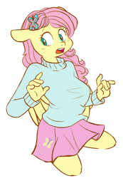 Size: 1280x1847 | Tagged: safe, artist:chub-wub, part of a set, character:fluttershy, species:anthro, species:pegasus, species:pony, clothing, cute, female, miniskirt, simple background, skirt, solo, sweater, sweatershy, white background
