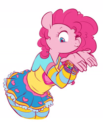 Size: 1280x1531 | Tagged: safe, artist:chub-wub, part of a set, character:pinkie pie, species:anthro, species:earth pony, species:pony, bracelet, clothing, cute, female, jewelry, miniskirt, pantyhose, simple background, skirt, solo, striped pantyhose, white background
