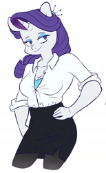 Size: 1186x1920 | Tagged: safe, artist:chub-wub, part of a set, character:rarity, species:anthro, species:pony, species:unicorn, breasts, cleavage, clothing, female, miniskirt, pantyhose, side slit, simple background, skirt, solo, stockings, thigh highs, white background