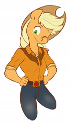 Size: 1082x1920 | Tagged: safe, artist:chub-wub, part of a set, character:applejack, species:anthro, species:earth pony, species:pony, clothing, cowboy hat, female, hat, one eye closed, shirt, simple background, solo, white background, wink