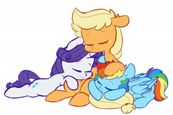 Size: 1920x1277 | Tagged: safe, artist:chub-wub, character:applejack, character:rainbow dash, character:rarity, species:earth pony, species:pegasus, species:pony, species:unicorn, g4, backwards cutie mark, cuddle puddle, cuddling, female, lesbian, lying down, mare, missing accessory, polyamory, pony pile, prone, rarijackdash, shipping, simple background, sitting, sleeping, white background