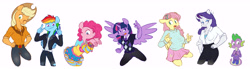 Size: 8414x2315 | Tagged: safe, artist:chub-wub, character:applejack, character:fluttershy, character:pinkie pie, character:rainbow dash, character:rarity, character:spike, character:twilight sparkle, character:twilight sparkle (alicorn), species:alicorn, species:anthro, species:dragon, species:earth pony, species:pegasus, species:pony, species:unicorn, alternate hairstyle, applejack's hat, belt, blushing, bracelet, breasts, cleavage, clothing, cowboy hat, eyeshadow, female, freckles, hairpin, hat, hoodie, jacket, jeans, jewelry, leather jacket, makeup, male, mane seven, mane six, miniskirt, one eye closed, open mouth, pants, pantyhose, shirt, side slit, simple background, skirt, socks, stockings, striped pantyhose, striped socks, sweater, sweater vest, sweatershy, t-shirt, thigh highs, torn clothes, wall of tags, white background, wink, wristband