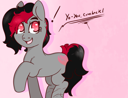 Size: 1300x1000 | Tagged: safe, artist:lazerblues, oc, oc only, oc:miss eri, species:earth pony, species:pony, blushing, cut, dialogue, pink background, scar, simple background, solo