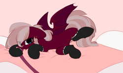 Size: 1332x796 | Tagged: safe, artist:little-sketches, edit, oc, oc only, oc:burgundy fang, species:bat pony, species:pony, bat pony oc, bed, bedroom eyes, clothing, cute, female, fluffy, frilly socks, leash, looking at you, mare, on bed, socks, solo