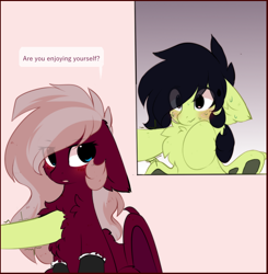 Size: 984x1005 | Tagged: safe, artist:little-sketches, oc, oc only, oc:burgundy fang, oc:maple, species:bat pony, annoyed, bat pony oc, blushing, chest fluff, clothing, cute, fluffy, frilly socks, nervous, panel, rubbing, socks, sweat, sweating bullets, sweating profusely, text, text bubbles