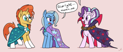 Size: 7600x3184 | Tagged: safe, artist:docwario, edit, character:starlight glimmer, character:sunburst, character:trixie, species:earth pony, species:pony, species:unicorn, cape, chains, chat bubble, clothing, cropped, dialogue, female, glasses, horn, male, mare, obliviously evil, open mouth, raised hoof, raised leg, robe, simple background, smiling, speech bubble, stallion, sunburst's glasses, sunburst's robe, trixie's cape, wrong eye color