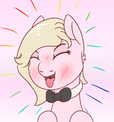 Size: 852x905 | Tagged: safe, artist:lazerblues, oc, oc only, oc:connie amore, species:earth pony, species:pony, blushing, bow tie, bust, portrait, smiling, solo, tongue out