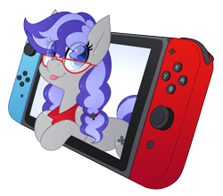 Size: 3557x3122 | Tagged: safe, artist:scarlet-spectrum, oc, oc only, oc:cinnabyte, species:earth pony, species:pony, adorkable, bandana, commission, cute, dork, glasses, nintendo switch, simple background, solo, switch, tongue out, transparent background, your character here