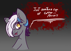 Size: 1176x853 | Tagged: safe, artist:lazerblues, oc, oc only, oc:addie, species:earth pony, species:pony, bags under eyes, bust, dialogue, ear piercing, gradient background, looking back, piercing, solo
