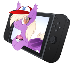 Size: 3658x3251 | Tagged: safe, artist:scarlet-spectrum, oc, oc only, oc:pinkfull night, species:bat pony, species:pony, bat pony oc, blushing, cap, clothing, crossover, female, glasses, hat, looking at you, nintendo switch, pokéball, pokémon, simple background, smiling, smiling at you, solo, teenager, transparent background