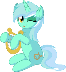 Size: 6183x6768 | Tagged: safe, artist:cyanlightning, character:lyra heartstrings, species:pony, species:unicorn, .svg available, ;p, absurd resolution, chest fluff, cute, ear fluff, female, holding, lyrabetes, lyre, mare, musical instrument, one eye closed, open mouth, simple background, sitting, smiling, solo, tongue out, transparent background, vector