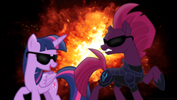 Size: 3840x2160 | Tagged: safe, artist:ejlightning007arts, character:tempest shadow, character:twilight sparkle, character:twilight sparkle (alicorn), species:alicorn, species:pony, species:unicorn, ship:tempestlight, armor, badass, broken horn, cool guys don't look at explosions, explosion, female, horn, lesbian, mare, open mouth, raised hoof, shipping, sunglasses, together, wallpaper