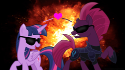 Size: 3840x2160 | Tagged: safe, alternate version, artist:ejlightning007arts, character:tempest shadow, character:twilight sparkle, character:twilight sparkle (alicorn), species:alicorn, species:pony, species:unicorn, ship:tempestlight, armor, badass, broken horn, explosion, female, heart, horn, lesbian, mare, open mouth, raised hoof, shipping, sunglasses, together, wallpaper