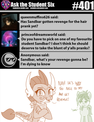 Size: 800x1032 | Tagged: safe, artist:sintakhra, character:sandbar, character:smolder, species:dragon, species:pony, tumblr:studentsix, bandana, face doodle, mouth hold, pencil, this will end in fire