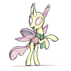 Size: 1440x1440 | Tagged: safe, artist:docwario, species:changeling, species:reformed changeling, clothing, scarf, simple background, smiling, solo, white background, yellow changeling