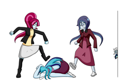 Size: 1280x882 | Tagged: safe, artist:jake heritagu, character:sonata dusk, oc, oc:dolly dusk, oc:melody charm, oc:silent hill, oc:throw away, parent:chancellor neighsay, parent:sonata dusk, parents:neighsaynota, comic:aria's archives, my little pony:equestria girls, beaten up, boots, clothing, grimdark series, jack the ripper, offspring, questionable series, shoes