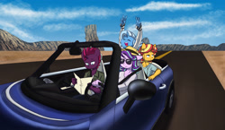 Size: 5371x3112 | Tagged: safe, artist:chub-wub, character:starlight glimmer, character:sunset shimmer, character:tempest shadow, character:trixie, species:anthro, species:pony, species:unicorn, car, clothing, driving, road trip, sunglasses