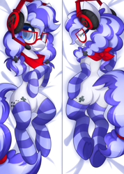 Size: 3000x4218 | Tagged: safe, artist:scarlet-spectrum, oc, oc only, oc:cinnabyte, species:earth pony, species:pony, bandana, bed room eyes, body pillow, clothing, female, gaming headset, glasses, headset, mare, smiling, socks, solo, striped socks