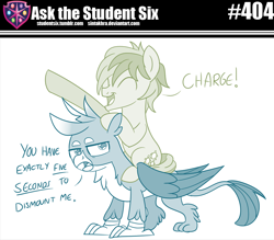 Size: 800x700 | Tagged: safe, artist:sintakhra, character:gallus, character:sandbar, species:griffon, species:pony, tumblr:studentsix, duo, gallus is not amused, male, ponies riding griffons, riding, this will not end well, unamused