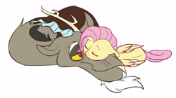 Size: 6504x3636 | Tagged: safe, artist:chub-wub, character:discord, character:fluttershy, species:pegasus, species:pony, ship:discoshy, cuddling, cute, discute, eyes closed, female, floppy ears, male, shipping, shyabetes, simple background, sleepy, straight, white background