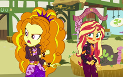 Size: 2400x1500 | Tagged: safe, artist:ktd1993, character:adagio dazzle, character:sunset shimmer, ship:sunsagio, equestria girls:sunset's backstage pass, g4, my little pony: equestria girls, my little pony:equestria girls, spoiler:eqg series (season 2), blushing, bracelet, clothing, female, geode of empathy, headband, jacket, jewelry, leather jacket, lesbian, magical geodes, shipping, spiked headband, spiked wristband, wristband
