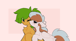 Size: 1308x712 | Tagged: safe, artist:little-sketches, oc, oc:oasis, oc:waffles, species:earth pony, species:pegasus, species:pony, blushing, cute, hug, kiss on the cheek, kissing, simple background