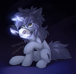 Size: 1280x1258 | Tagged: safe, artist:hioshiru, oc, oc only, oc:kate, species:pony, species:unicorn, blue background, chest fluff, coffee, ear fluff, female, fluffy, horn, magic, mare, phone, scratching, simple background, sitting, solo, tired