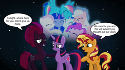 Size: 3840x2160 | Tagged: safe, artist:ejlightning007arts, character:applejack, character:fizzlepop berrytwist, character:fluttershy, character:pinkie pie, character:rainbow dash, character:rarity, character:sunset shimmer, character:tempest shadow, character:twilight sparkle, character:twilight sparkle (alicorn), species:alicorn, species:earth pony, species:pegasus, species:pony, species:unicorn, ship:sunsetsparkle, ship:tempestlight, broken horn, dialogue, eye scar, eyes closed, female, friendship forever, horn, lesbian, mane six, open mouth, sad, scar, shipping, speech bubble, stars, support, supporters, teary eyes, tempestlightshimmer, tempestshimmer