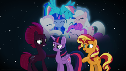 Size: 3840x2160 | Tagged: safe, alternate version, artist:ejlightning007arts, character:applejack, character:fizzlepop berrytwist, character:fluttershy, character:pinkie pie, character:rainbow dash, character:rarity, character:sunset shimmer, character:tempest shadow, character:twilight sparkle, character:twilight sparkle (alicorn), species:alicorn, species:earth pony, species:pegasus, species:pony, species:unicorn, ship:sunsetsparkle, ship:tempestlight, broken horn, eye scar, eyes closed, female, friendship forever, horn, lesbian, mane six, open mouth, sad, scar, shipping, stars, support, supporters, teary eyes, tempestlightshimmer, tempestshimmer, textless