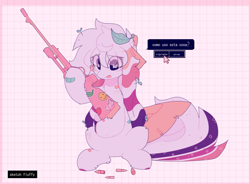 Size: 1952x1440 | Tagged: safe, artist:little-sketches, oc, oc:sketch fluffy, species:pegasus, species:pony, bandaid, bolt-action rifle, candy, chest fluff, dialogue, eye clipping through hair, female, food, gun, heart, leaf, mouse cursor, plant, rifle, smiley face, sniper rifle, spanish, speech bubble, weapon, wingding eyes