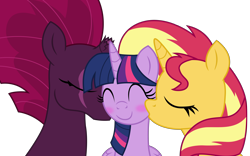 Size: 10998x6883 | Tagged: safe, artist:ejlightning007arts, character:fizzlepop berrytwist, character:sunset shimmer, character:tempest shadow, character:twilight sparkle, character:twilight sparkle (alicorn), species:alicorn, species:pony, species:unicorn, ship:sunsetsparkle, ship:tempestlight, blushing, broken horn, cute, eye scar, eyes closed, female, group sex, horn, kiss on the cheek, kissing, lesbian, polyamory, scar, shipping, simple background, tempestlightshimmer, tempestshimmer, threesome, transparent background, twiabetes, vector