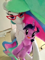 Size: 768x1024 | Tagged: safe, artist:nekokevin, character:princess celestia, character:twilight sparkle, character:twilight sparkle (unicorn), species:alicorn, species:pony, species:unicorn, chair, clothing, duo, female, glasses, irl, lidded eyes, looking at you, mare, open mouth, photo, plushie, shirt, sitting, size difference, smiling, teacher and student