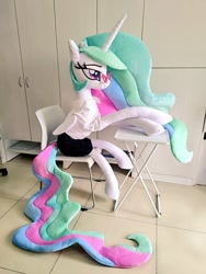 Size: 768x1024 | Tagged: safe, artist:nekokevin, character:princess celestia, species:alicorn, species:pony, chair, clothing, female, glasses, irl, lidded eyes, mare, photo, plushie, shirt, sitting, skirt, smiling, solo