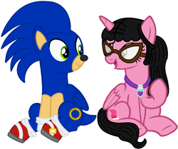 Size: 1291x1083 | Tagged: safe, artist:8-bitspider, artist:elementbases, artist:user15432, base used, character:sonic the hedgehog, oc, oc:aaliyah, species:alicorn, species:pegasus, species:pony, aaliyah, amulet, barely pony related, clothing, crossover, glasses, gloves, hanging out, jewelry, necklace, ponified, sega, shoes, sonic the hedgehog (series)