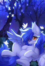 Size: 888x1280 | Tagged: safe, alternate version, artist:hioshiru, oc, oc only, oc:gabriel, species:pegasus, species:pony, cheek fluff, chest fluff, colored pupils, cute, cute little fangs, ear fluff, explicit source, fangs, female, fluffy, forest, frog (hoof), human shoulders, looking at you, mare, solo, spread wings, underhoof, wings
