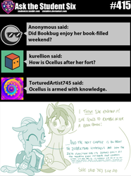 Size: 800x1073 | Tagged: safe, artist:sintakhra, character:ocellus, character:sandbar, species:changeling, species:pony, species:reformed changeling, tumblr:studentsix, book, cute, diaocelles, eyes closed, happy, looking at you, ocellus sure does love books, post-it, sandabetes, smiling, that changeling sure does love books