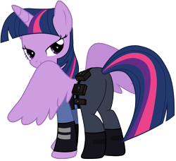 Size: 7825x7137 | Tagged: safe, artist:ejlightning007arts, character:twilight sparkle, character:twilight sparkle (alicorn), species:alicorn, species:pony, absurd resolution, butt, clothing, cosplay, costume, disney, female, judy hopps, looking at you, police officer, simple background, smiling, solo, spread wings, transparent background, twibutt, wings, zootopia