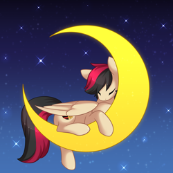 Size: 1536x1536 | Tagged: safe, artist:scarlet-spectrum, oc, oc only, oc:porsche speedwings, species:pegasus, species:pony, eyes closed, folded wings, male, moon, nightsky, onomatopoeia, pegasus oc, shading, sleeping, sleeping on moon, solo, sound effects, stallion, stars, tangible heavenly object, transparent moon, wings, ych result, zzz