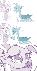 Size: 732x1402 | Tagged: safe, artist:sintakhra, edit, character:gallus, character:silverstream, species:griffon, species:hippogriff, ship:gallstream, ..., cute, diastreamies, female, gallabetes, gallus is not amused, kiss me, male, no, out of context, parody, pure unfiltered evil, reference, sad, shipping, shipping denied, smiling, smirk, straight, text edit, unamused, you monster