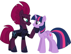 Size: 12560x9574 | Tagged: safe, alternate version, artist:ejlightning007arts, edit, character:tempest shadow, character:twilight sparkle, character:twilight sparkle (alicorn), species:alicorn, species:pony, species:unicorn, ship:tempestlight, my little pony: the movie (2017), armor, broken horn, eye scar, female, hoof on chin, horn, lesbian, scar, shipping, simple background, smiling, transparent background, vector